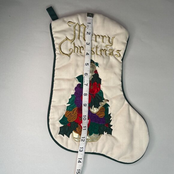 VTG Christmas Stocking Embroidered Merry Christmas Fruit Tree Design Green Trim - Picture 9 of 9